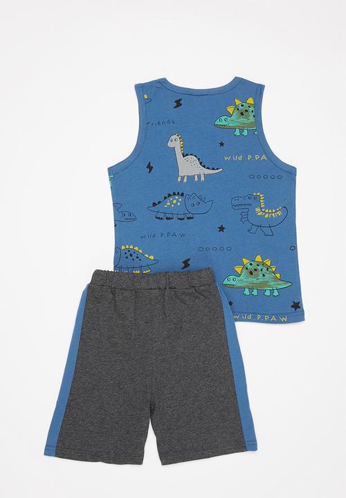 Pop Candy - Boys dino vest & shorts set - blue& charcoal