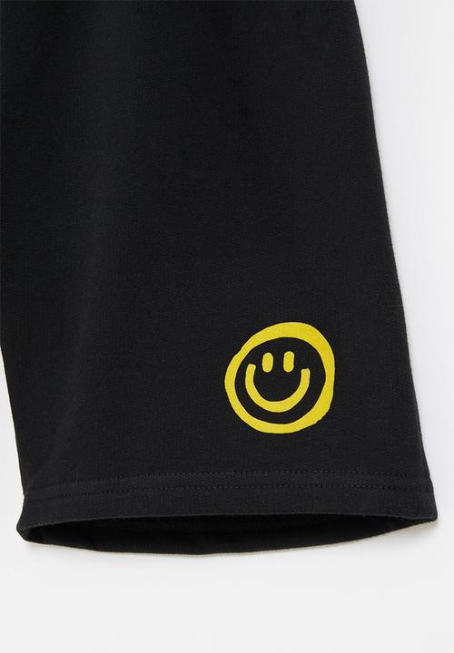 Superbalist Kids - Boys smiley embroidered fleece shorts - black