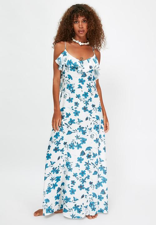 Trendyol - Floral patterned ruffle beach dress - blue & white 