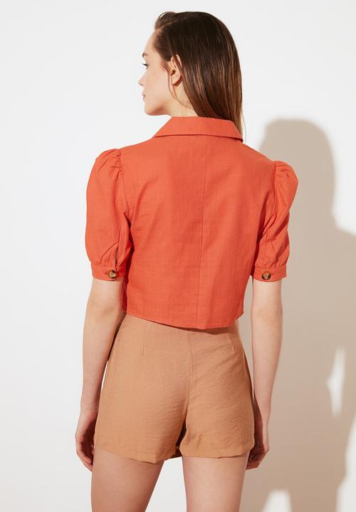 Trendyol - Crop balloon sleeve shirt - rust
