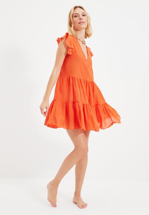 Trendyol - Beach dress with ruffle sleeves - orange