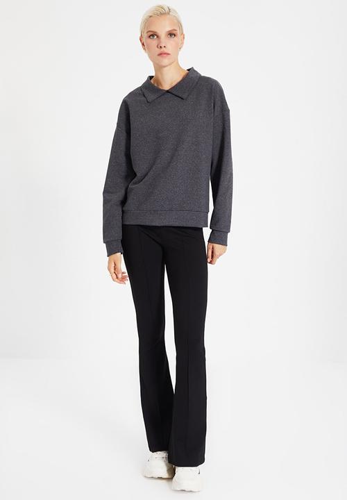 Trendyol - Shirt collar basic knit sweatshirt - anthracite