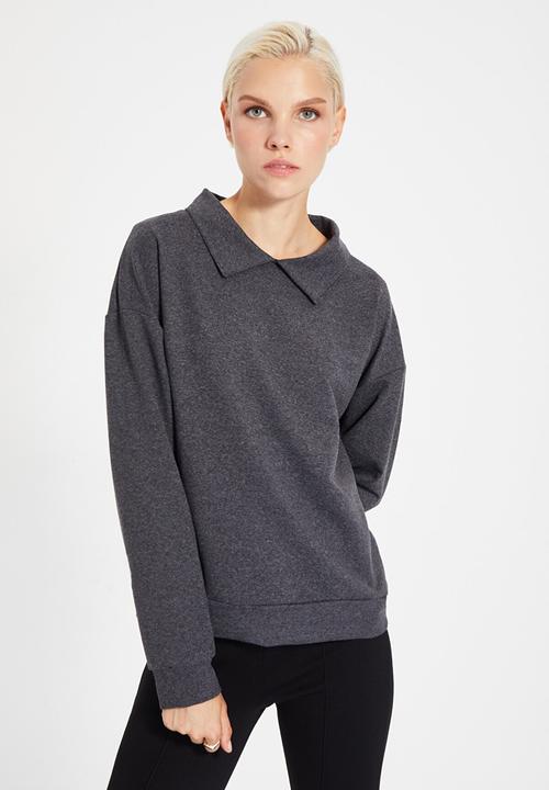 Trendyol - Shirt collar basic knit sweatshirt - anthracite