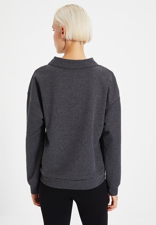 Trendyol - Shirt collar basic knit sweatshirt - anthracite