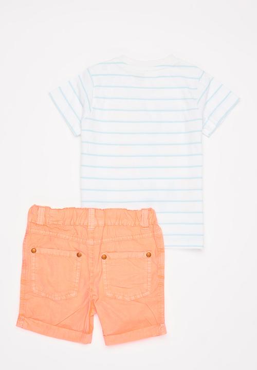 MINOTI - Girls stripe tee & shorts set - white & orange