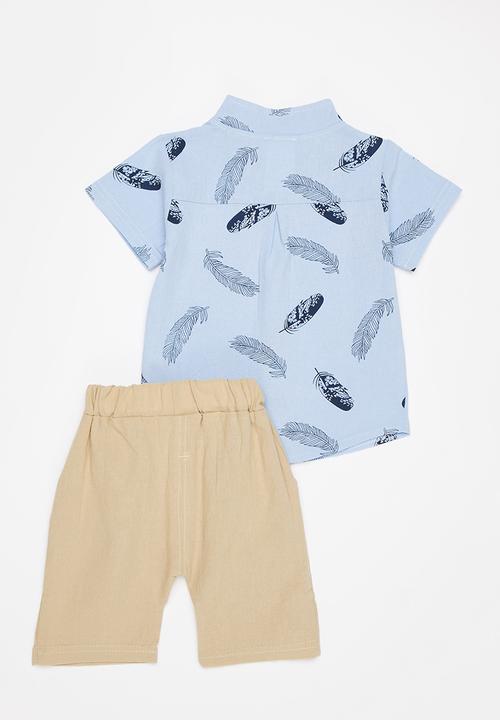 Pop Candy - Baby boys printed short sleeve shirt & shorts set - blue & neutral