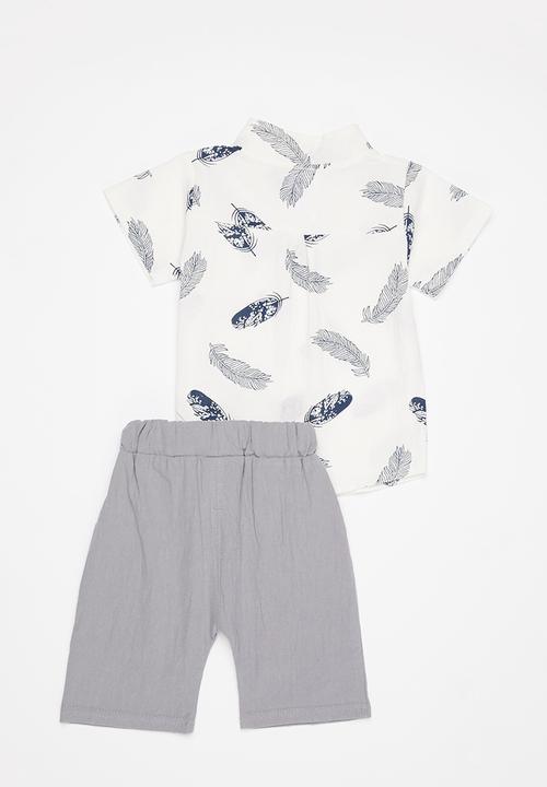 Pop Candy - Baby boys printed ss shirt & shorts set - white & grey