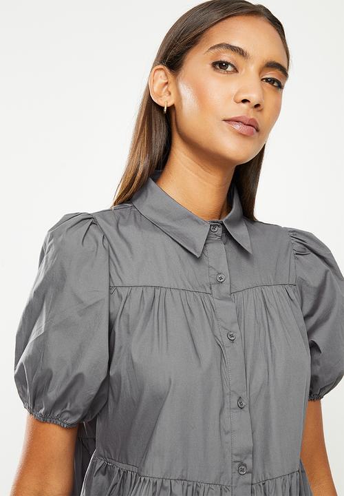 urban° - Ladies urban tiered button-up dress - charcoal