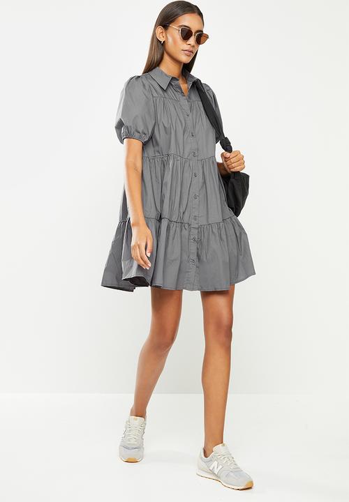 urban° - Ladies urban tiered button-up dress - charcoal