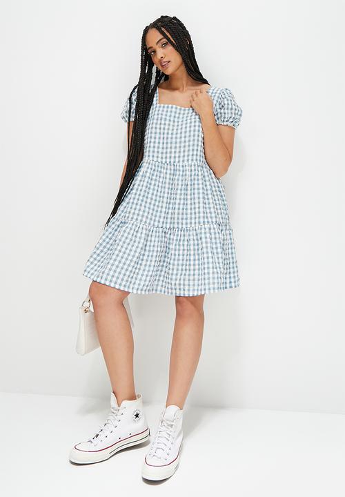 Blake - Square neck tiered mini dress - duck egg
