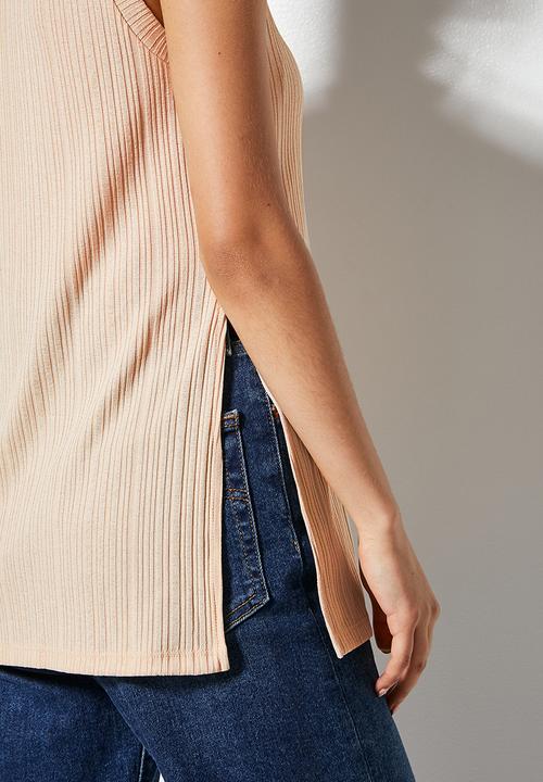 VELVET - Dressy rib knit shell with side slits - beige