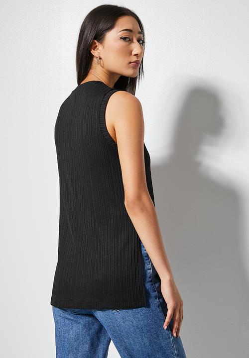 VELVET - Dressy rib knit shell with side slits - black
