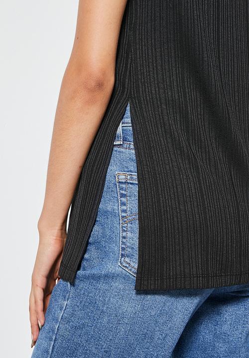 VELVET - Dressy rib knit shell with side slits - black