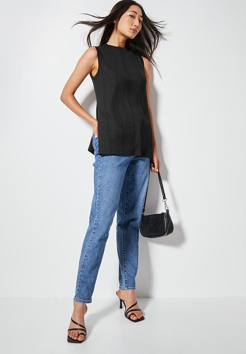 VELVET - Dressy rib knit shell with side slits - black