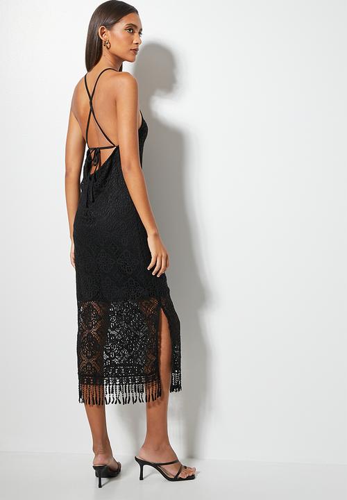 VELVET - Crochet lace halter midi dress - black