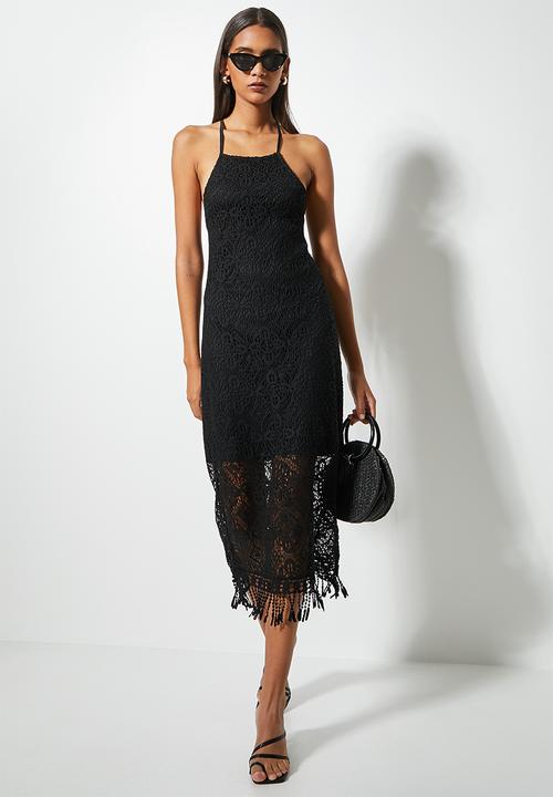 VELVET - Crochet lace halter midi dress - black