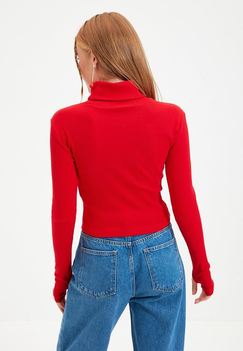 Trendyol - Turtleneck finger detail ribbed knit top - red