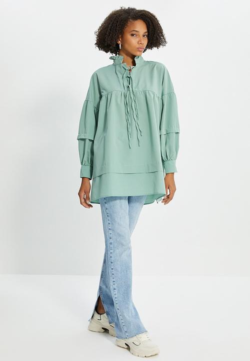 Trendyol - Tied poplin tunic blouse - green