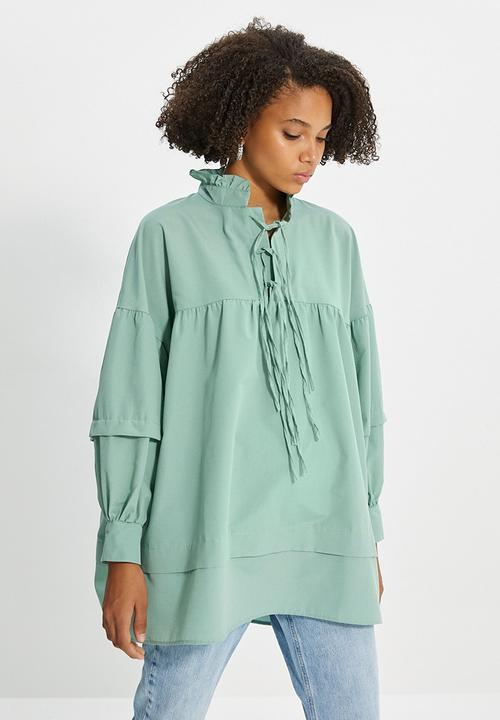 Trendyol - Tied poplin tunic blouse - green