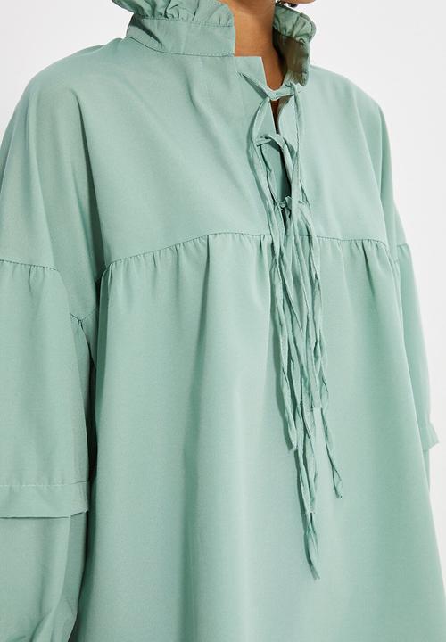 Trendyol - Tied poplin tunic blouse - green