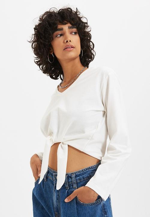Trendyol - Tie detailed crop knit thin top - ecru