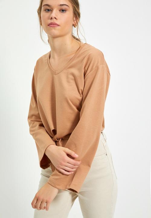 Trendyol - Tie detailed crop knit thin top  - camel