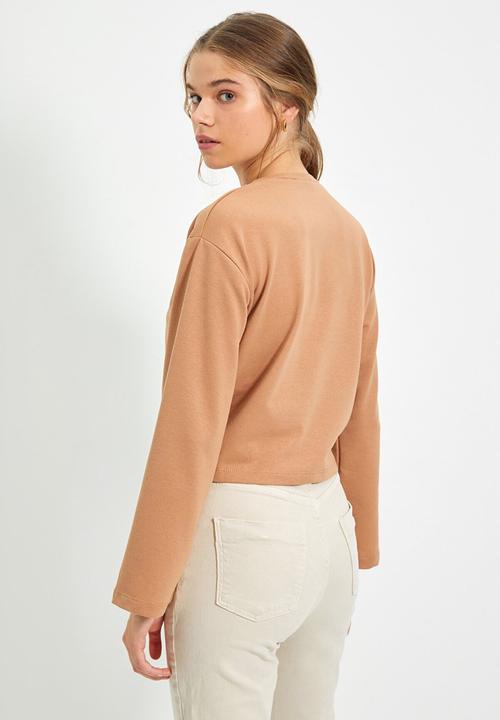 Trendyol - Tie detailed crop knit thin top  - camel