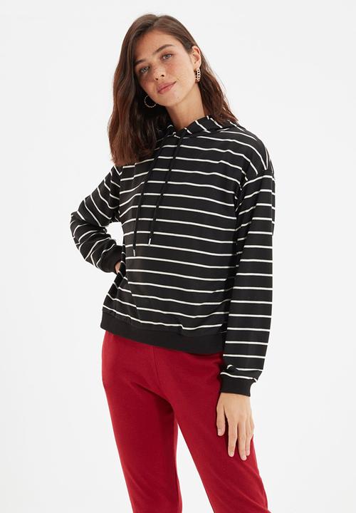 Trendyol - Striped basic knit slim sweatshirt - black