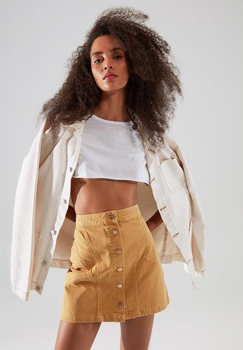 Trendyol - Stitch detailed front buttoned mini denim skirt - camel