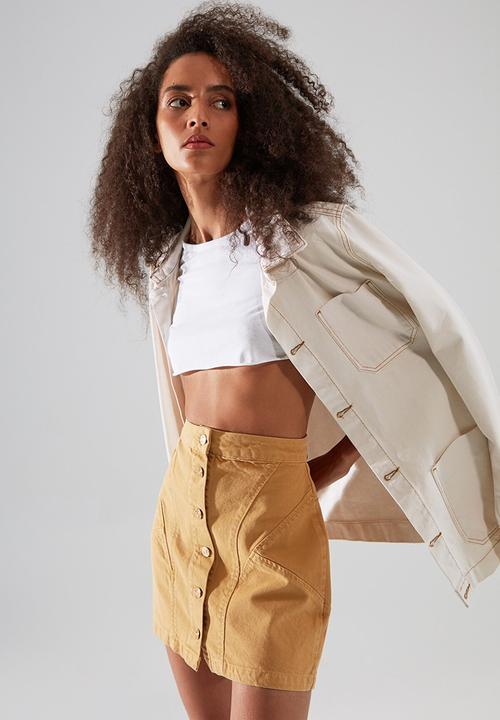 Trendyol - Stitch detailed front buttoned mini denim skirt - camel