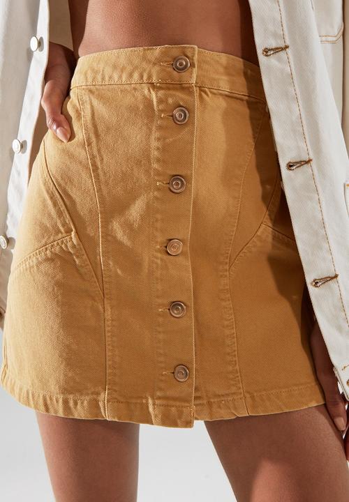Trendyol - Stitch detailed front buttoned mini denim skirt - camel