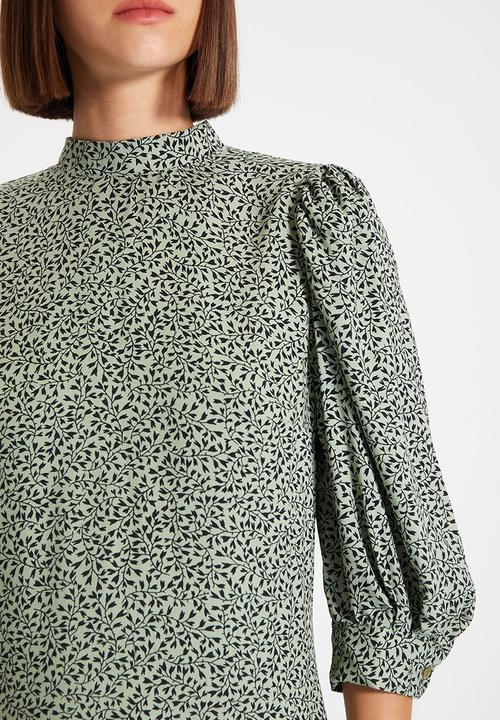 Trendyol - Stand up collar balloon sleeve dress - green
