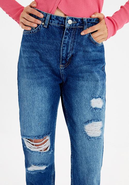 Trendyol - Ripped detailed high waist mom jeans - dark blue