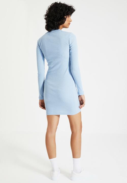 Trendyol - Ribbed front plunging bodycon dress - blue
