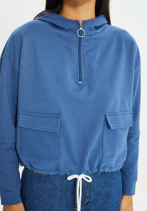 Trendyol - Pocket basic hooded slim sweatshirt - navy