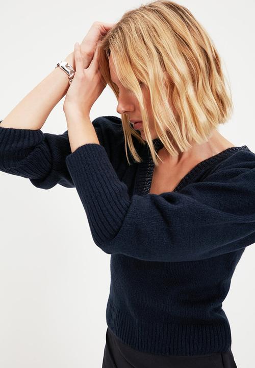 Trendyol - Pleated v neck knit sweater - navy