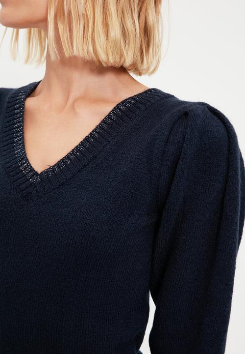 Trendyol - Pleated v neck knit sweater - navy