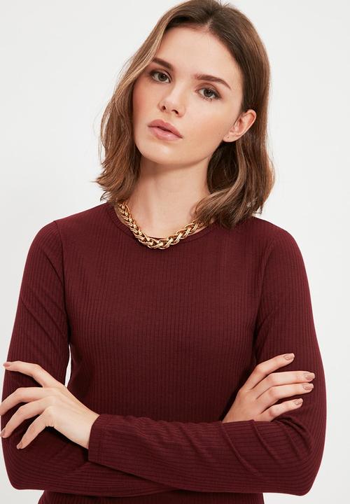 Trendyol - Petite ribbed bodycon mini dress - burgundy