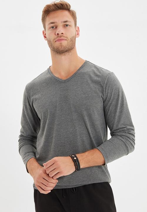 Trendyol - High V-neck long sleeve tee - anthracite