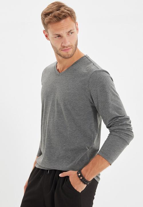Trendyol - High V-neck long sleeve tee - anthracite