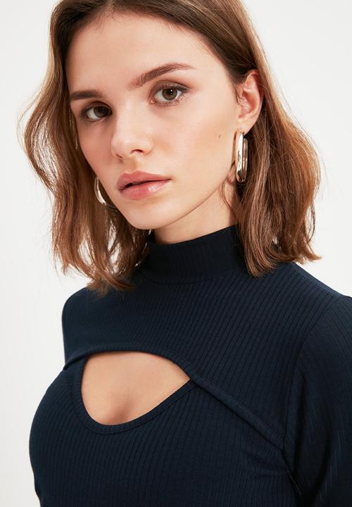 Trendyol - Petite corduroy bust detail knitted dress - navy
