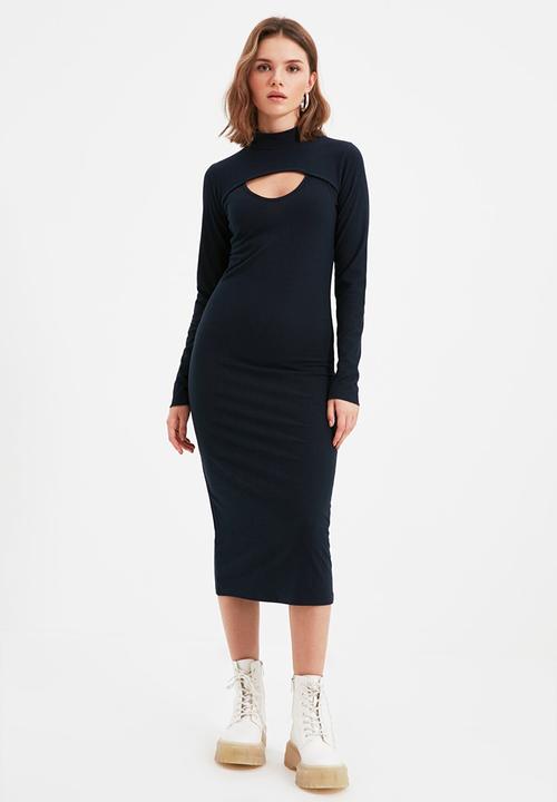 Trendyol - Petite corduroy bust detail knitted dress - navy
