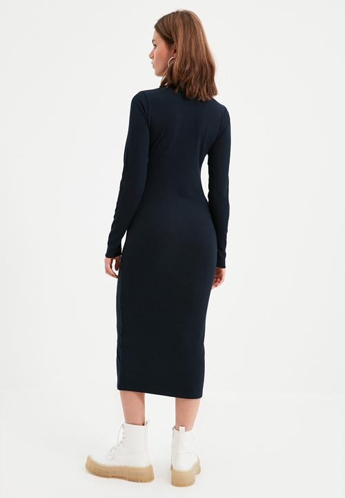 Trendyol - Petite corduroy bust detail knitted dress - navy