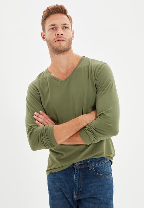Trendyol - High v neck long sleeve tee - khaki