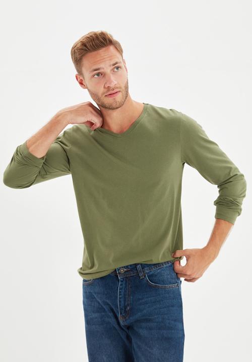 Trendyol - High v neck long sleeve tee - khaki