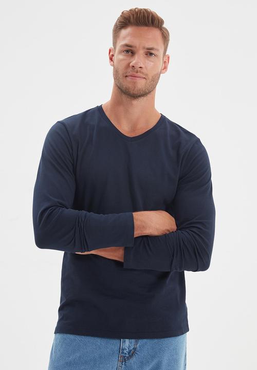 Trendyol - High v neck long sleeve tee - navy
