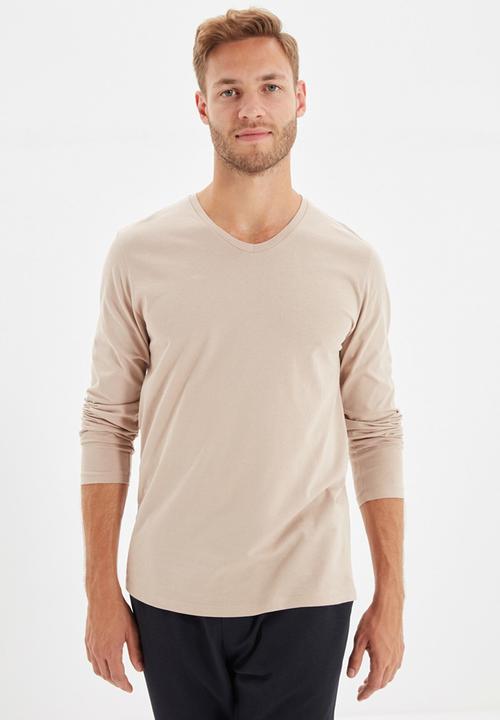 Trendyol - High v neck long sleeve tee - stone