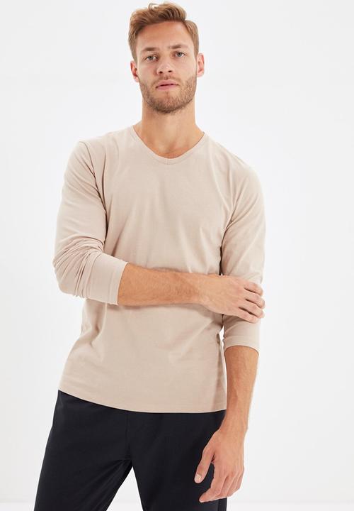 Trendyol - High v neck long sleeve tee - stone