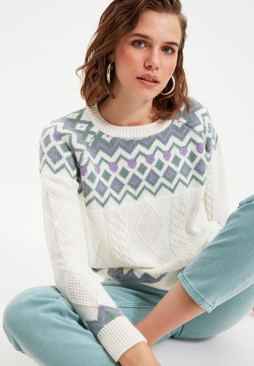 Trendyol - Jacquard crew neck knit sweater - ecru