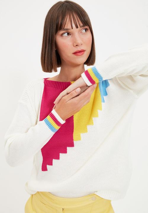 Trendyol - Jacquard color block knit sweater - ecru